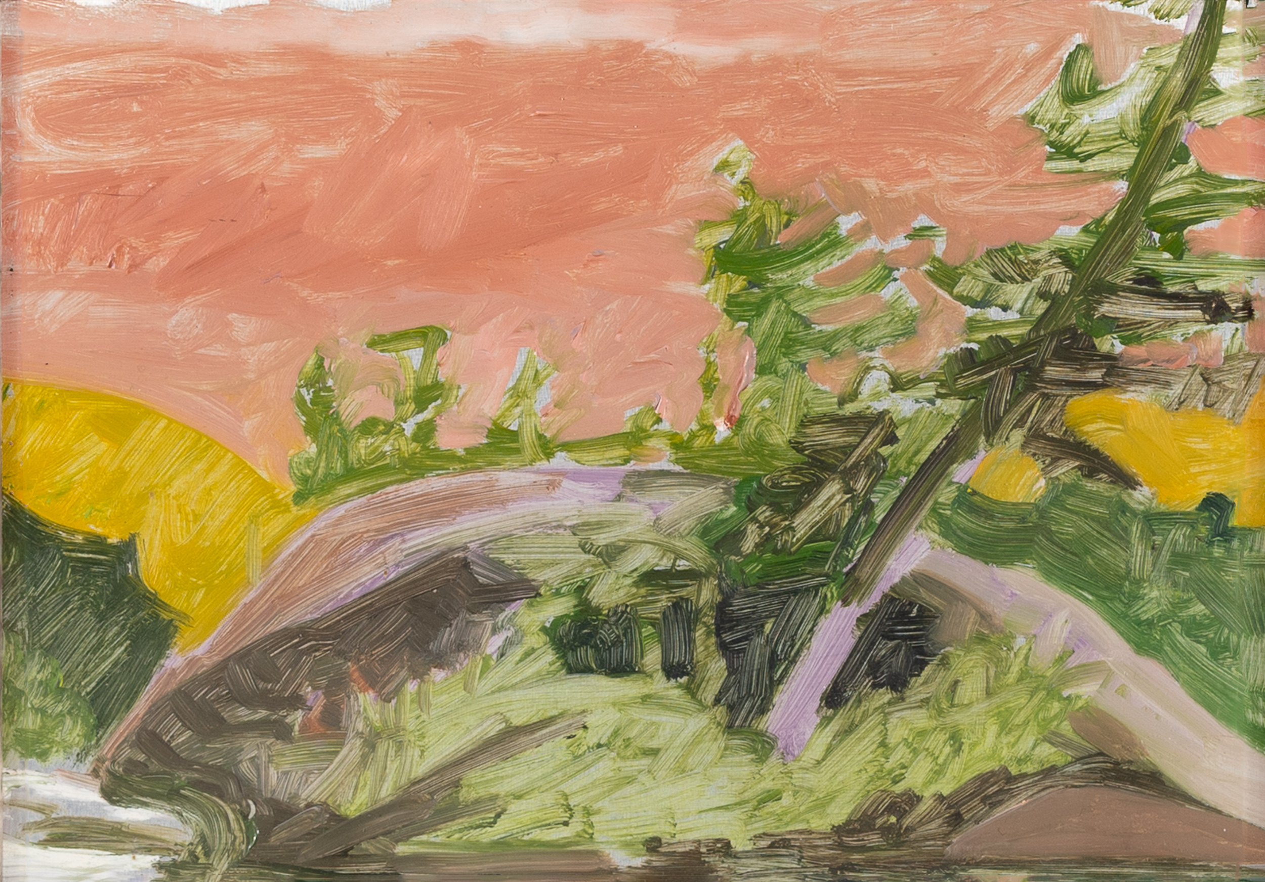 Boulder and Tree, by Lois Dodd, Oil on aluminum, 1990 (front view)
