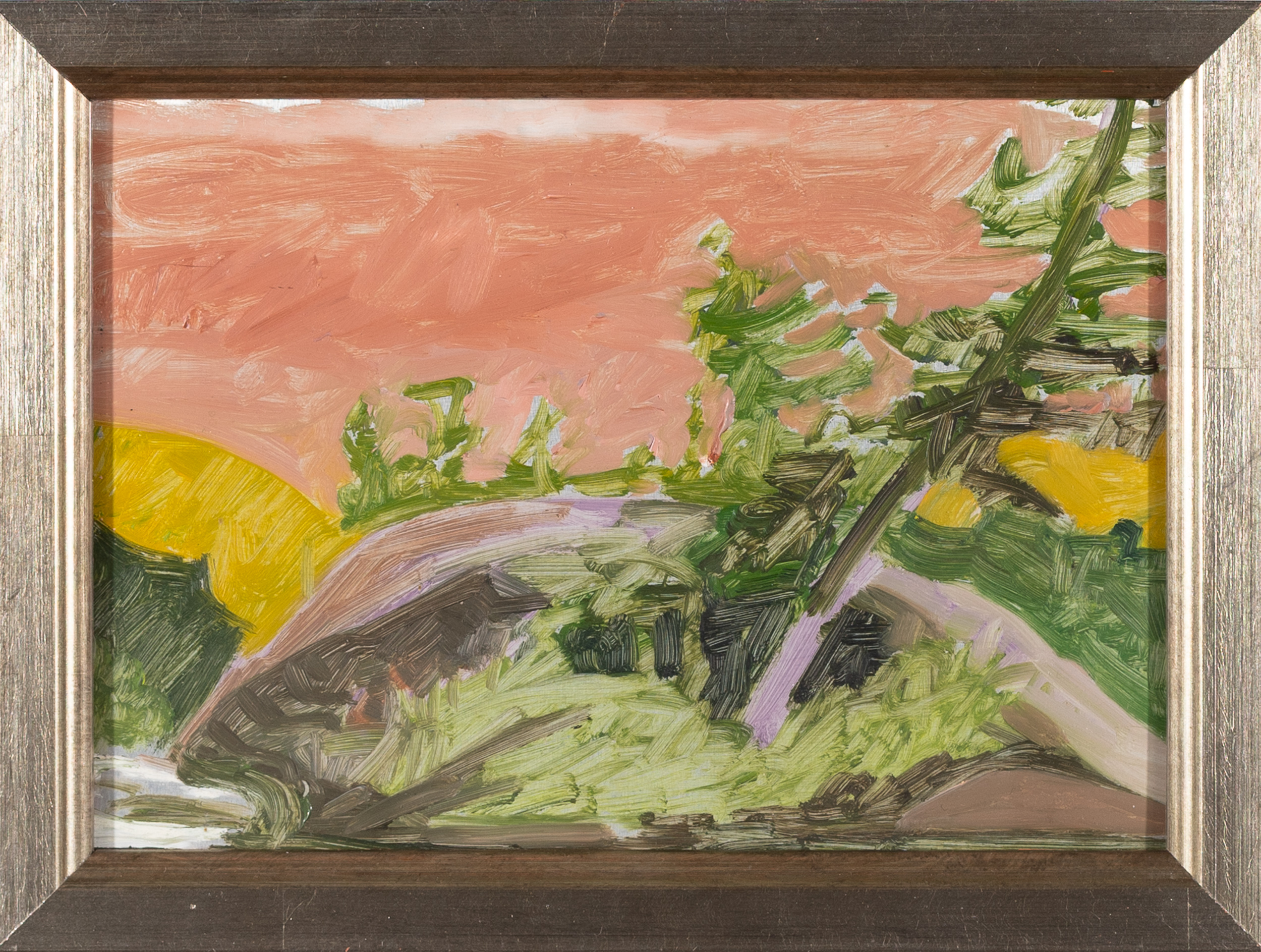 Boulder and Tree, by Lois Dodd, Oil on aluminum, 1990 (front view)