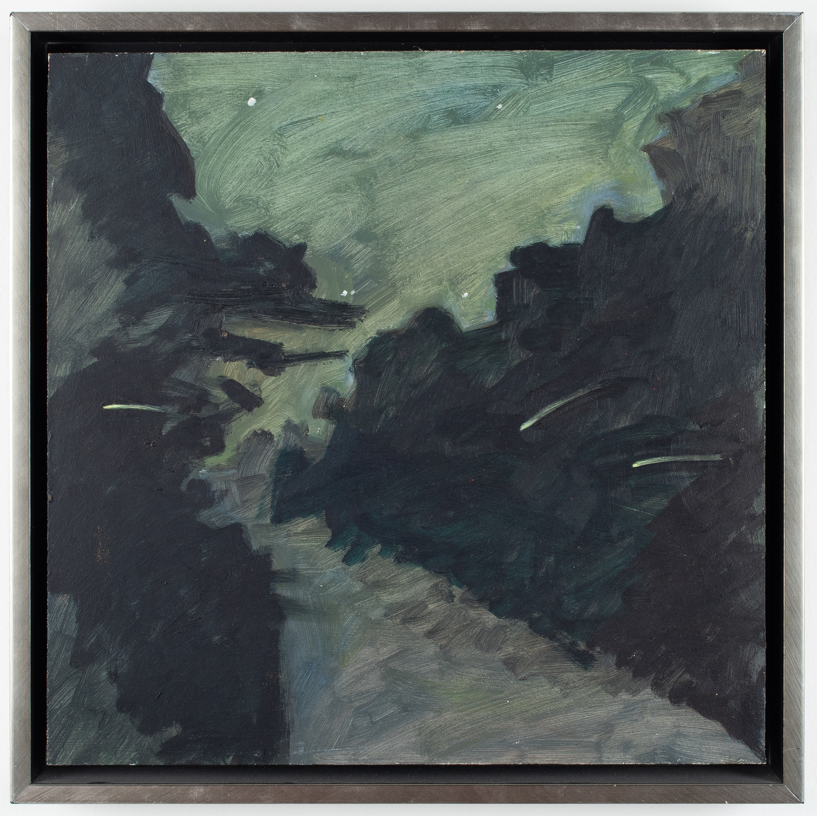 Fireflies, by Lois Dodd, Oil on board, 1989 (detail view)