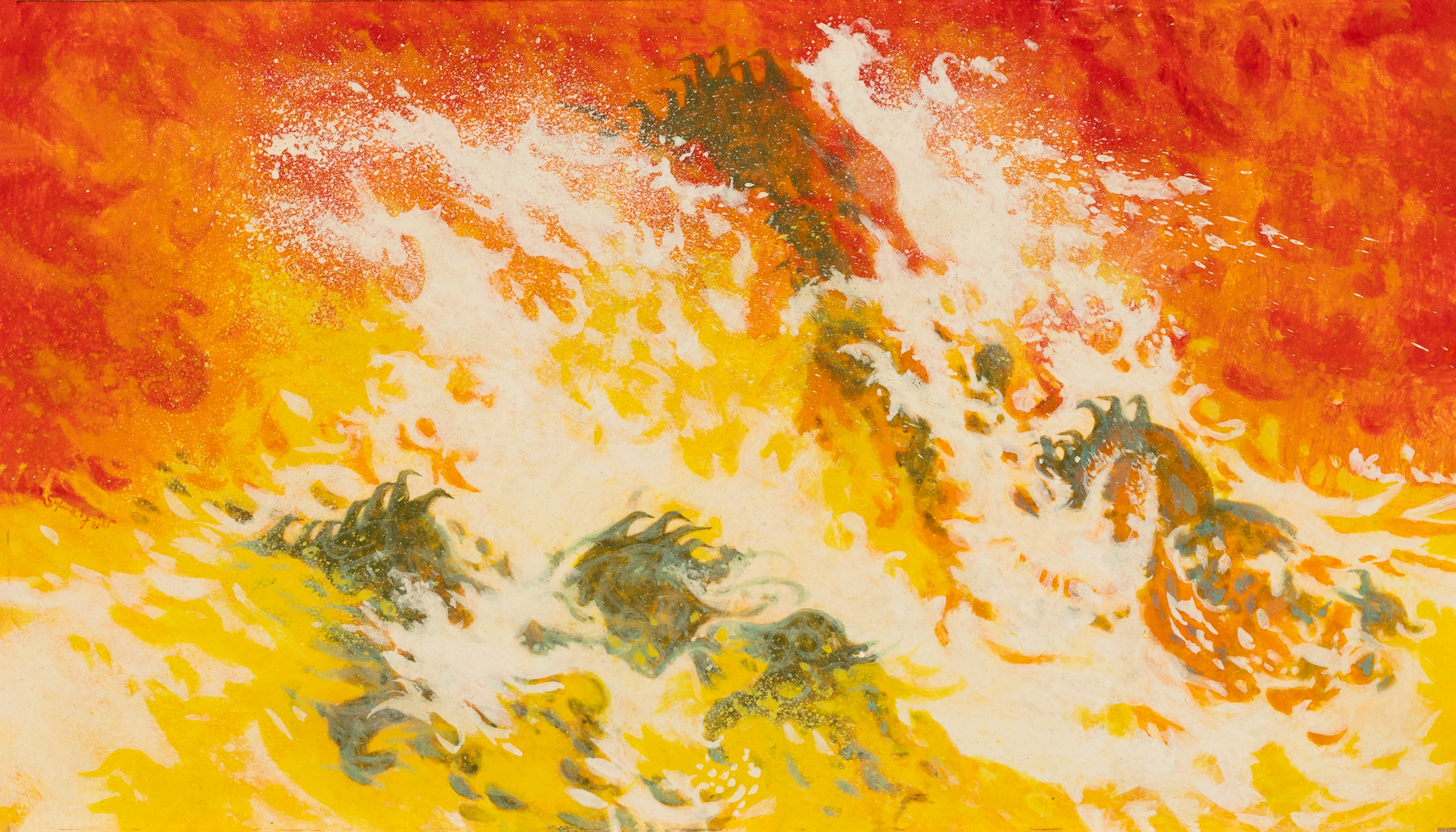 Great White Wave, by Sylvia Fein, Tempera on board (detail view)