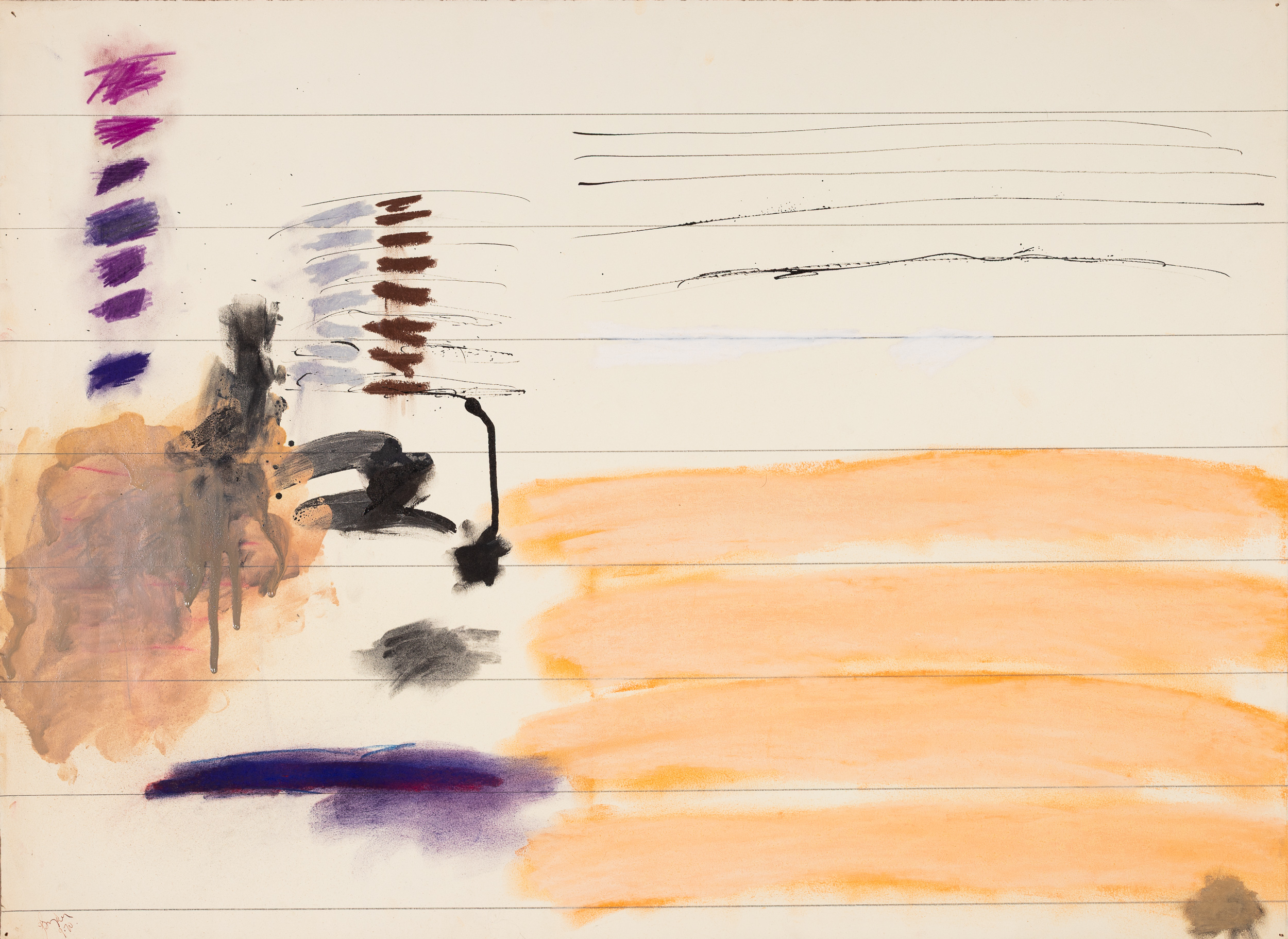 Untitled (Linear Composition in Black Purple and Orange), by Joan Snyder, graphite, ink, gouache, and pastel on paper, 1970 (detail view)